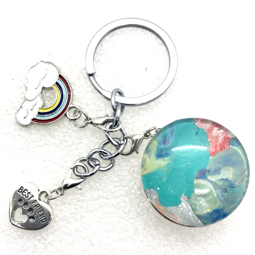 Handmade 30mm snap pet heart and rainbow charm Keychain ring Statement snap sj30